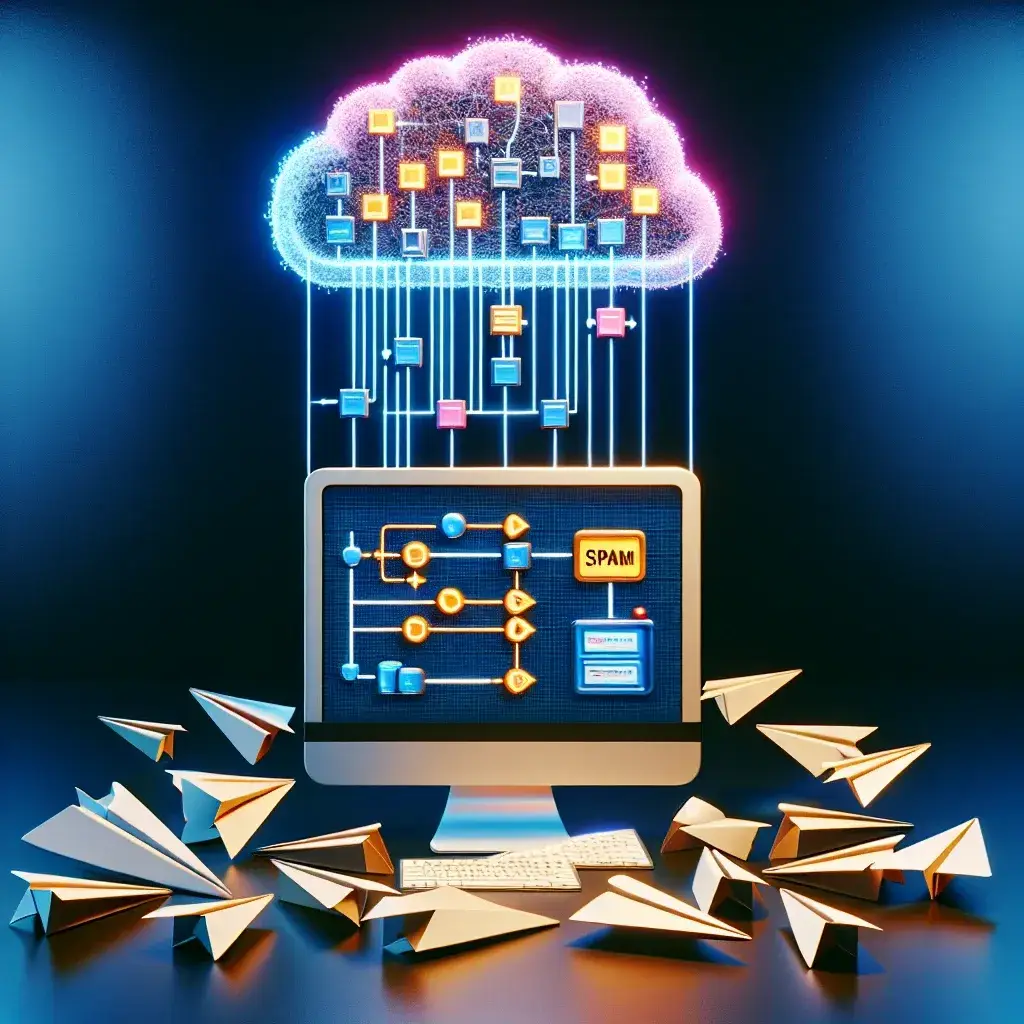 "Ilustrasi implementasi teknologi AI untuk penyaringan domain spam lokal, menunjukkan grafik dan diagram yang menggambarkan proses deteksi dan pemfilteran."
