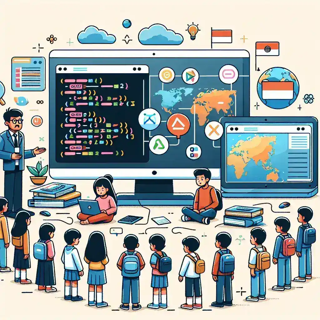 "Ilustrasi platform pembelajaran coding interaktif yang menggunakan Bahasa Indonesia, menampilkan antarmuka pengguna yang ramah dan fitur-fitur edukatif untuk meningkatkan keterampilan pemrograman."