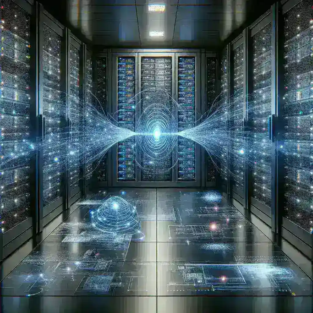 "Integrasi QPU ke Pusat Data Nasional: Ilustrasi sistem konektivitas dan infrastruktur jaringan yang mendukung strategi integrasi teknologi informasi."