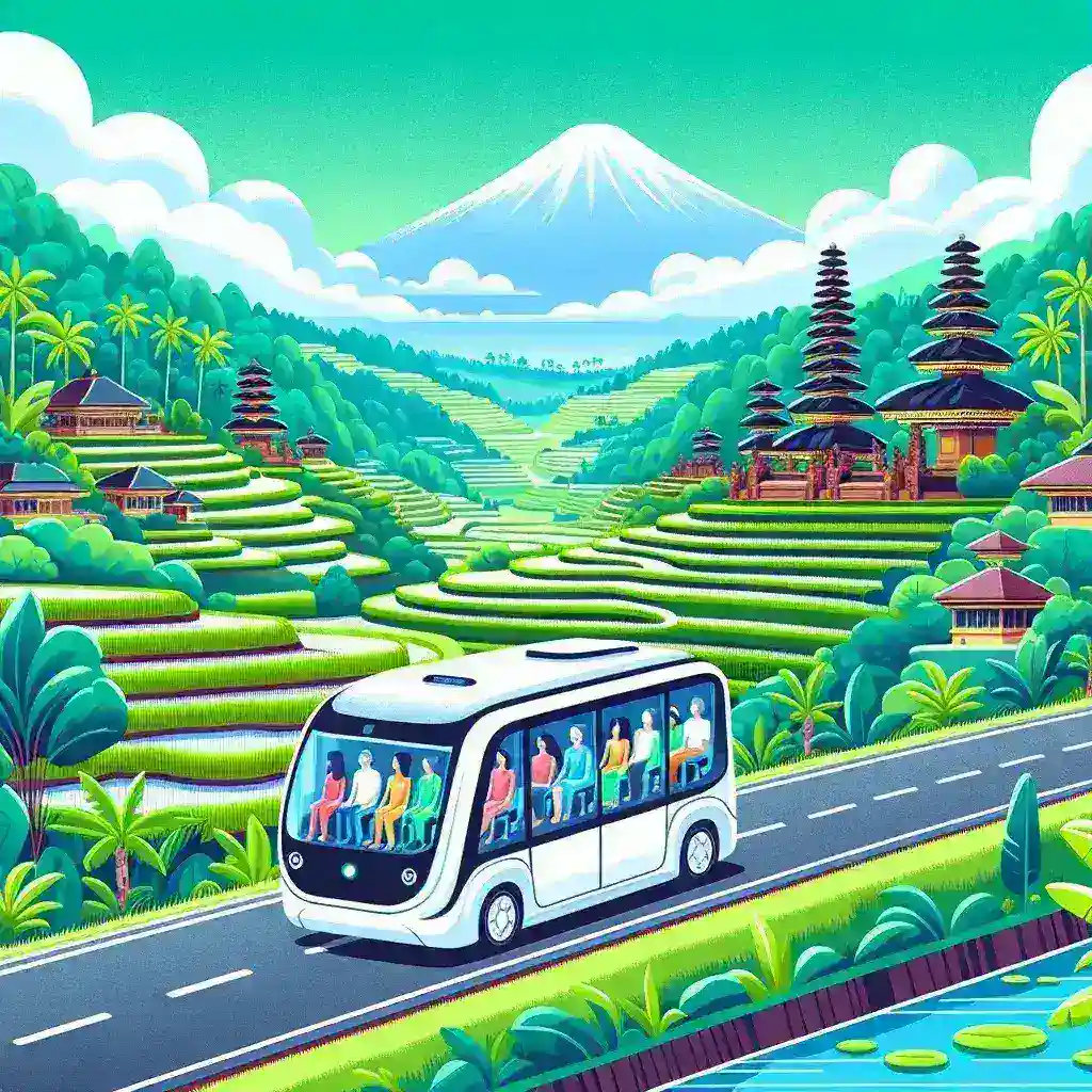 "Bus listrik otonom yang diluncurkan oleh startup transportasi Indonesia di Bali, menampilkan desain modern dan teknologi ramah lingkungan untuk meningkatkan transportasi berkelanjutan di pulau wisata."