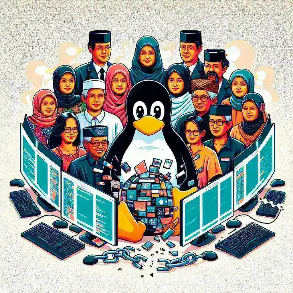 "Ilustrasi komunitas Linux Indonesia beraksi menentang monopoli DRM dalam distribusi lokal, menyoroti semangat kolaboratif dan kebebasan akses teknologi."