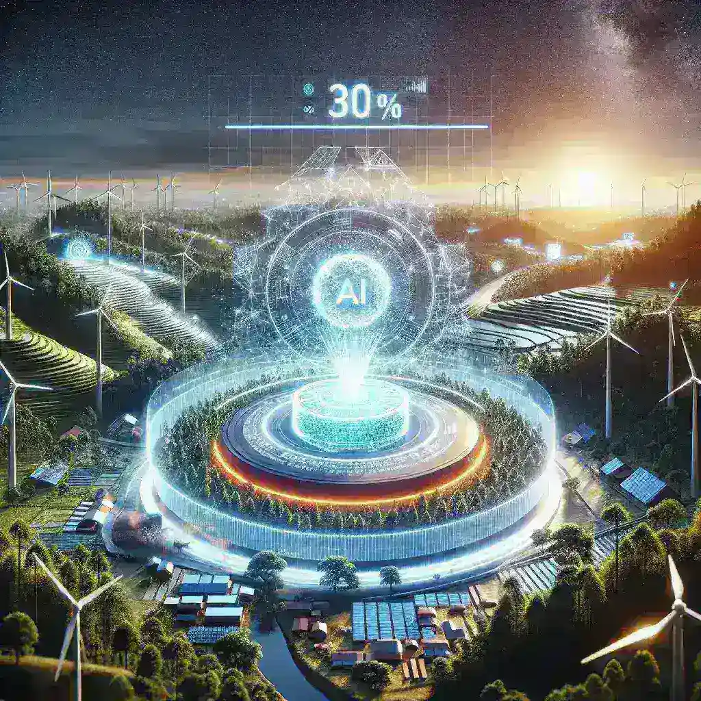 "Infographic of Indonesia's energy strategy highlighting the target of 30% national energy sourced from AI Smart Grid by 2040, showcasing renewable energy sources and smart technology integration."